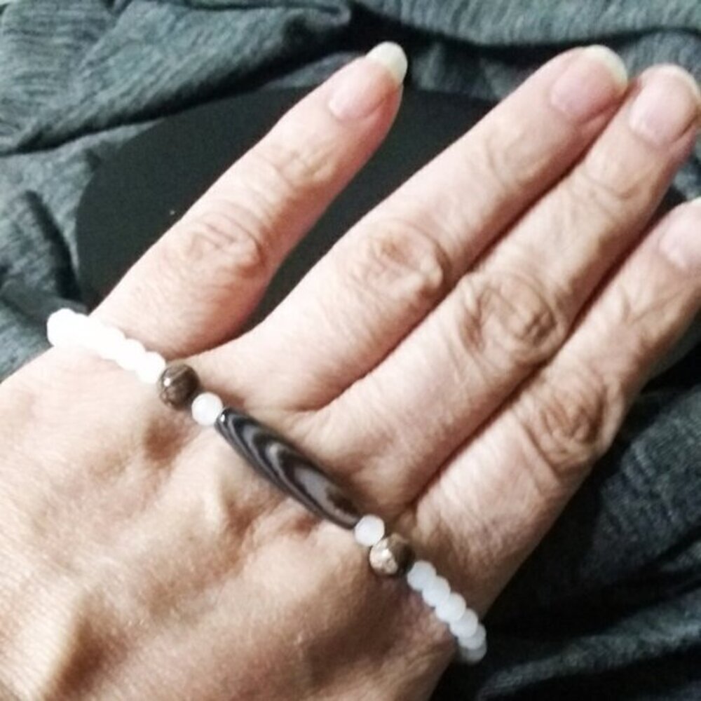 Dainty Slim-Line Bracelet for 7-7.5" Wrist | Brown Banded Agate + Ceramic Beads